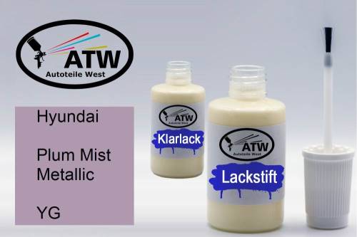 Hyundai, Plum Mist Metallic, YG: 20ml Lackstift + 20ml Klarlack - Set, von ATW Autoteile West.